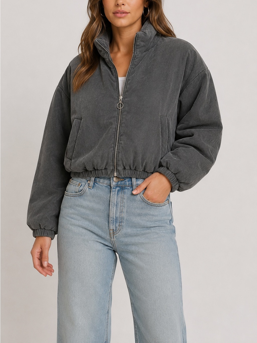 Elodie Cropped Cotton Bomber Jacket Women’s Mock Neck Zip Front Outerwear medium
